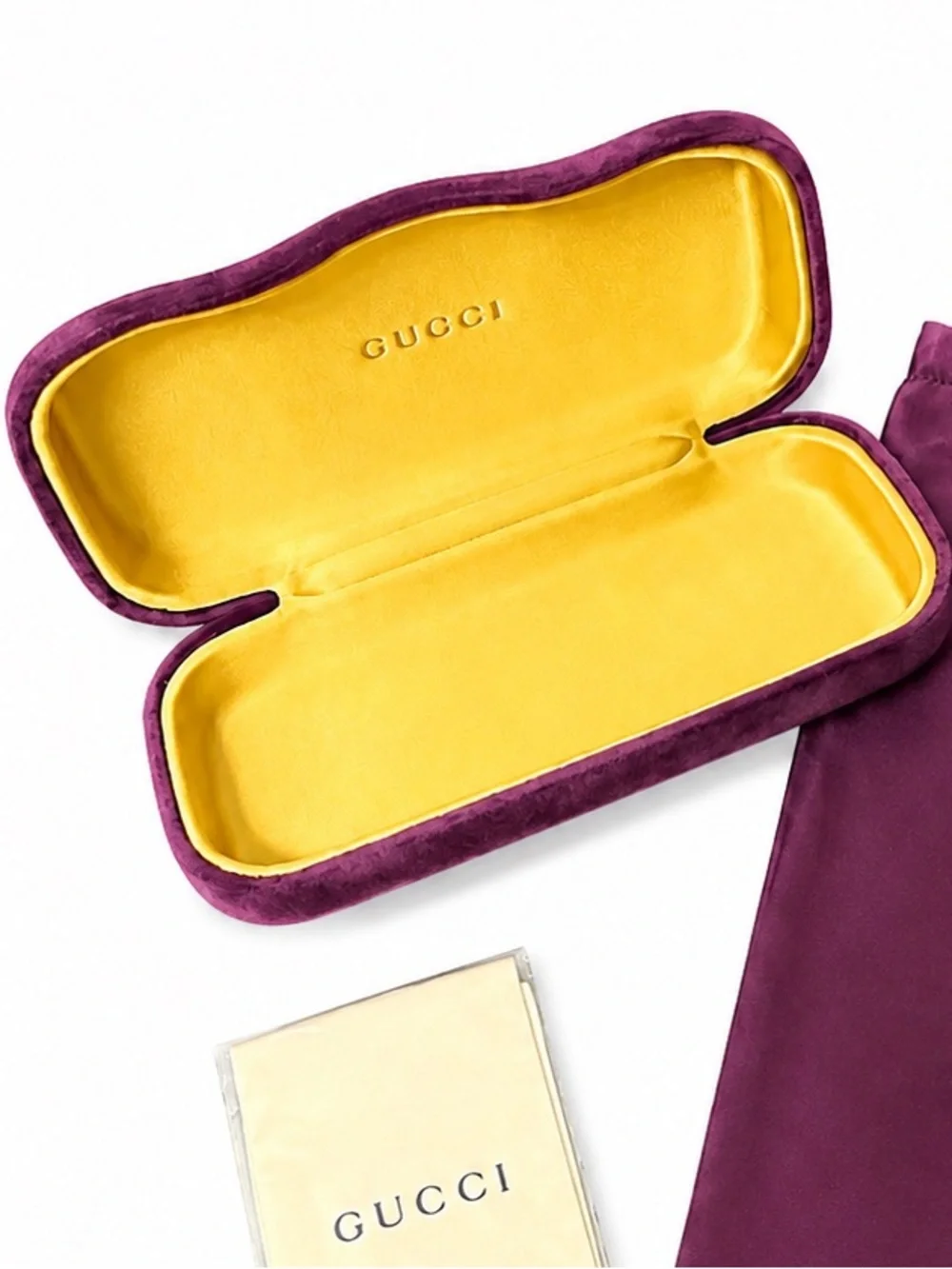 Gucci Purple Velvet Eyeglass Case Dust Bag & Lens Cloth Set NEW